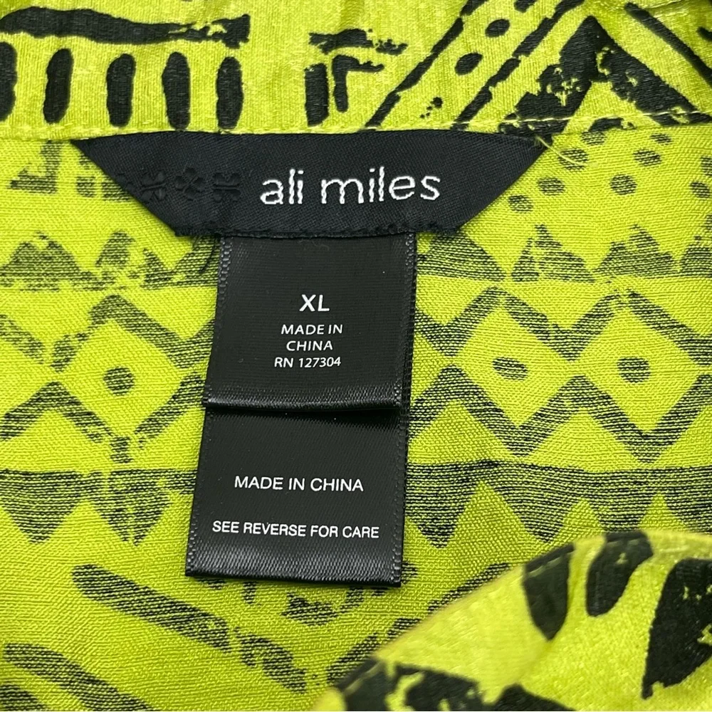 Ali Miles Geometric Green‎ Black Top Wire Collar Womens XL Button Front *FLAW